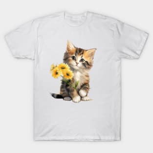 Watercolour Cat With Flower T-Shirt